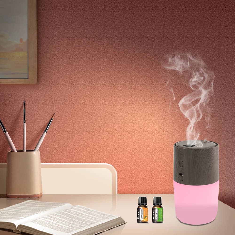 Diffusore per aromaterapia con venature del legno a 7 colori LED Umidificatore ad ultrasuoni da 300 ml e purificatore d'aria con 2 oli essenziali, perfetto per la casa