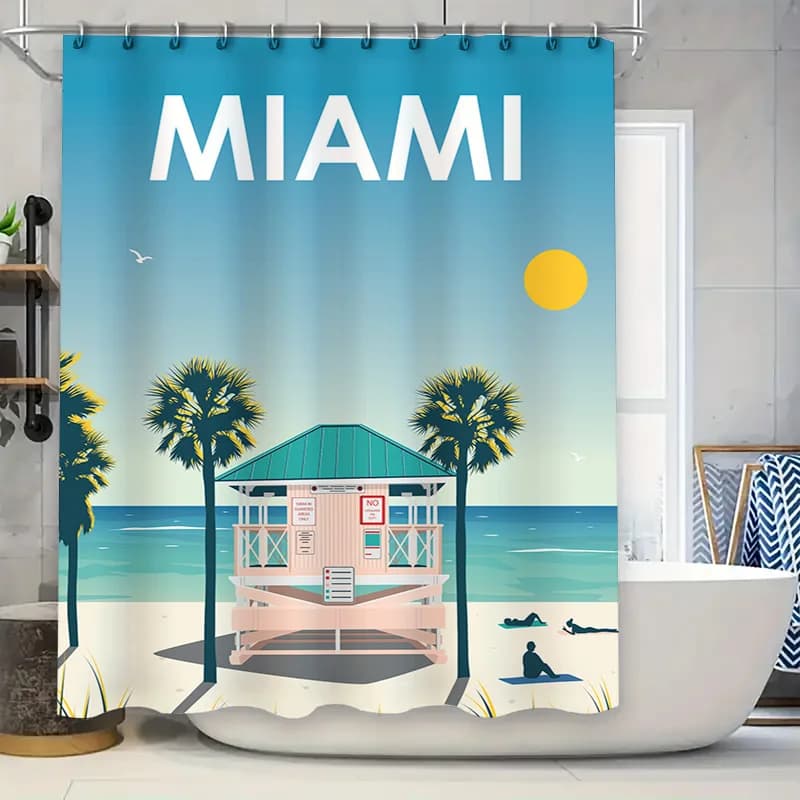 Tenda da doccia estiva Miami Beach Decorazione decorativa impermeabile per il bagno di casa con palmo e design da surf per bambini (128
