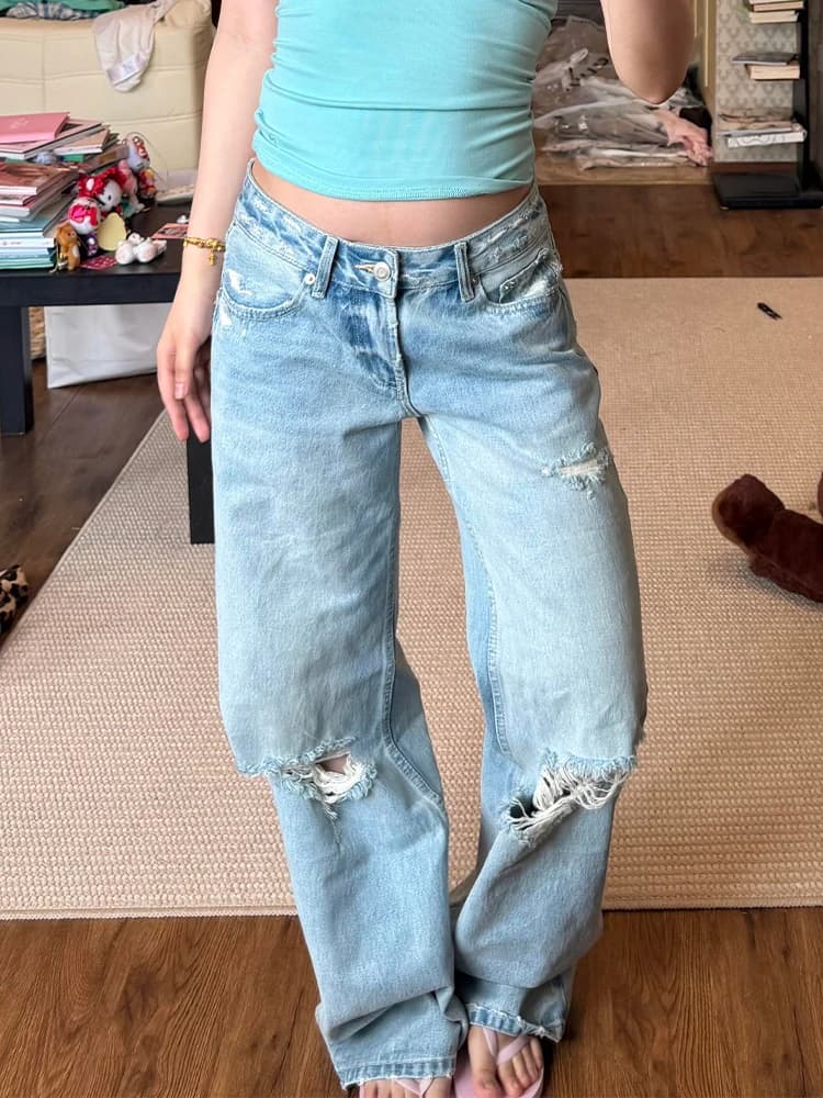 Washed Blue Jeans High Slit Low Waist Slimming Long Pants Women's Street Style American Hot Girl Hole Punching Summer Jeans