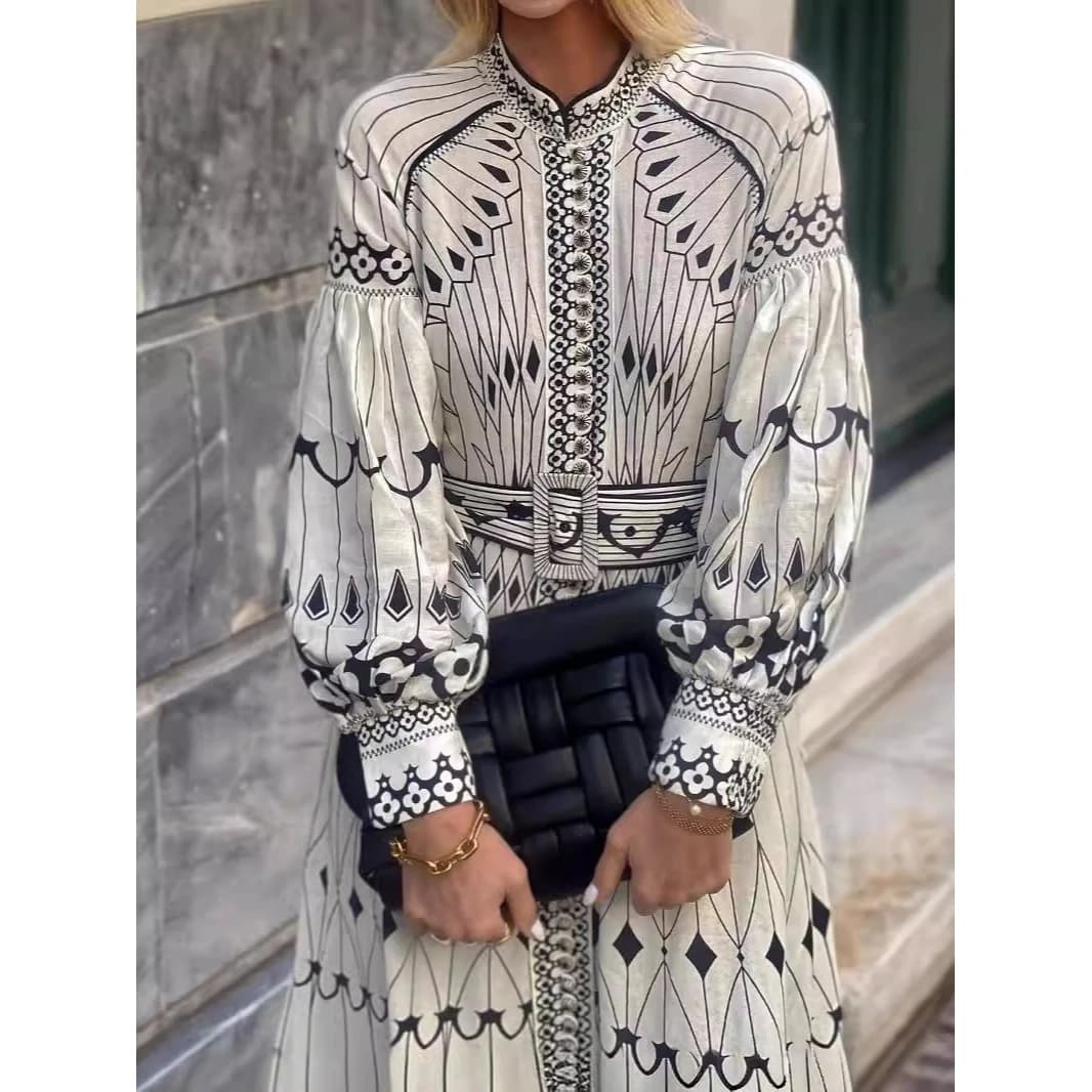 Casual Linen Bell Sleeve Dress Belted Women's Summer Fashion Commute Style Long Sleeve Printed Fabric Fairy Skirt Single Button