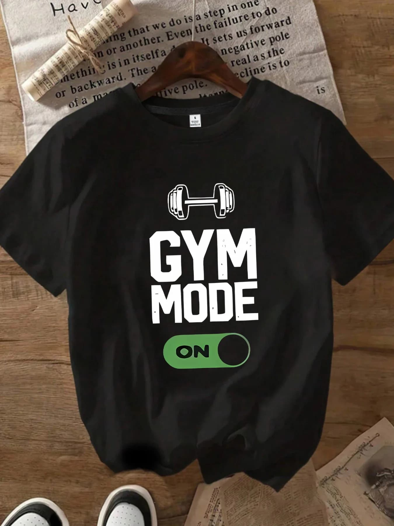 Women's Crew Neck T-shirt with Fashionable Gym Print, Short Sleeved, With Handlebar Printing, Women's Clothing