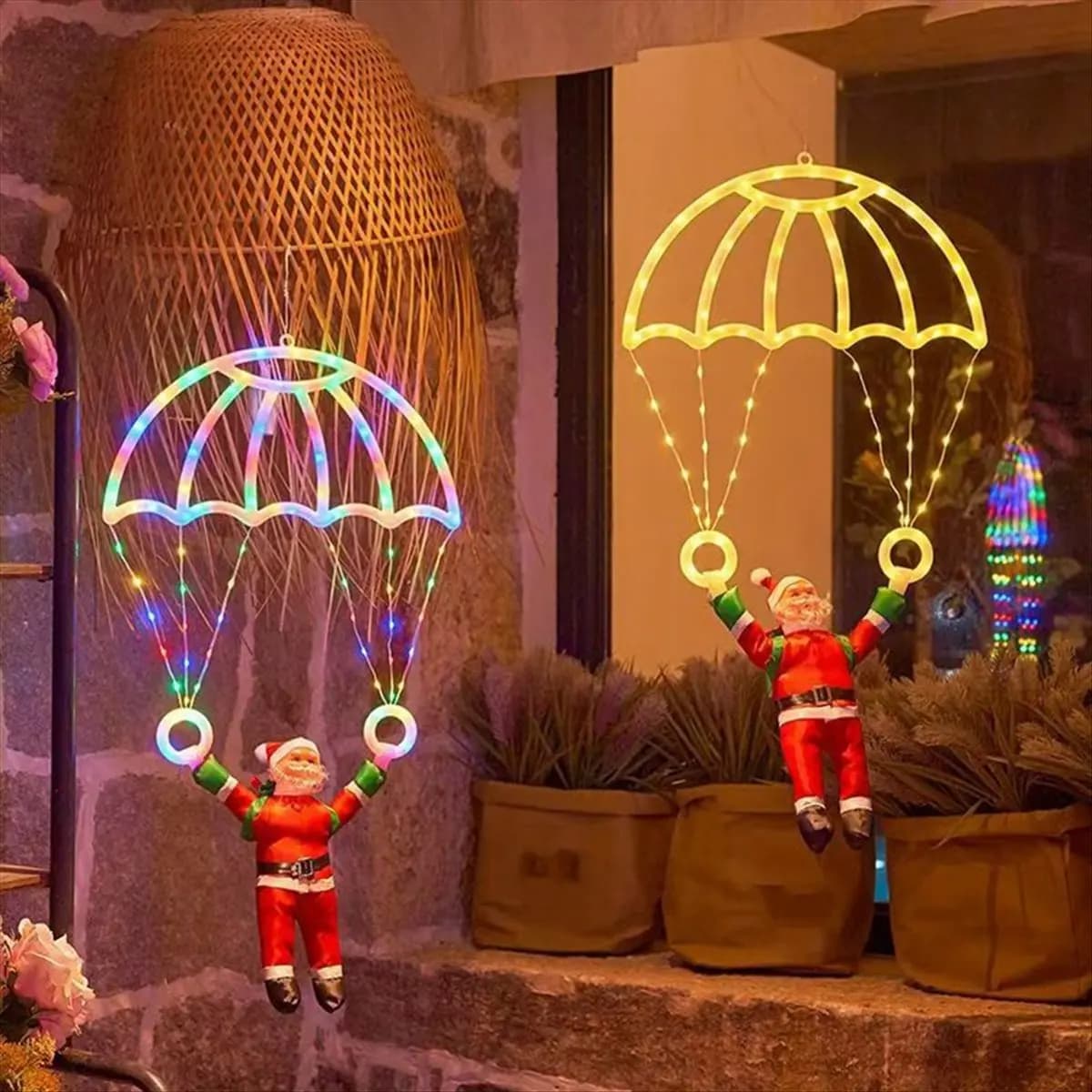 *X07A Decorazione LED per paracadute di Babbo Natale, telecomando alimentato tramite USB, applicazione per interni/esterni, ideale per le feste domestiche di Natale B
