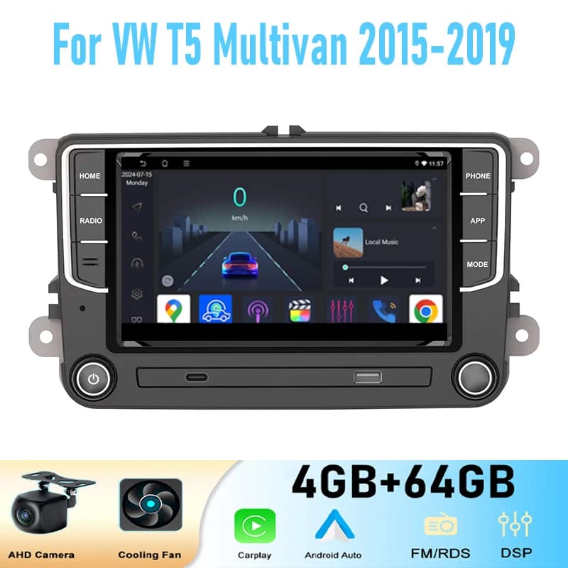 7'' For VW T5 Multivan 2015-2019 GPS Car Stereo Radio Wireless Apple Carplay BT Android 15 Auto Head Unit Camera WIFI 4-64GB