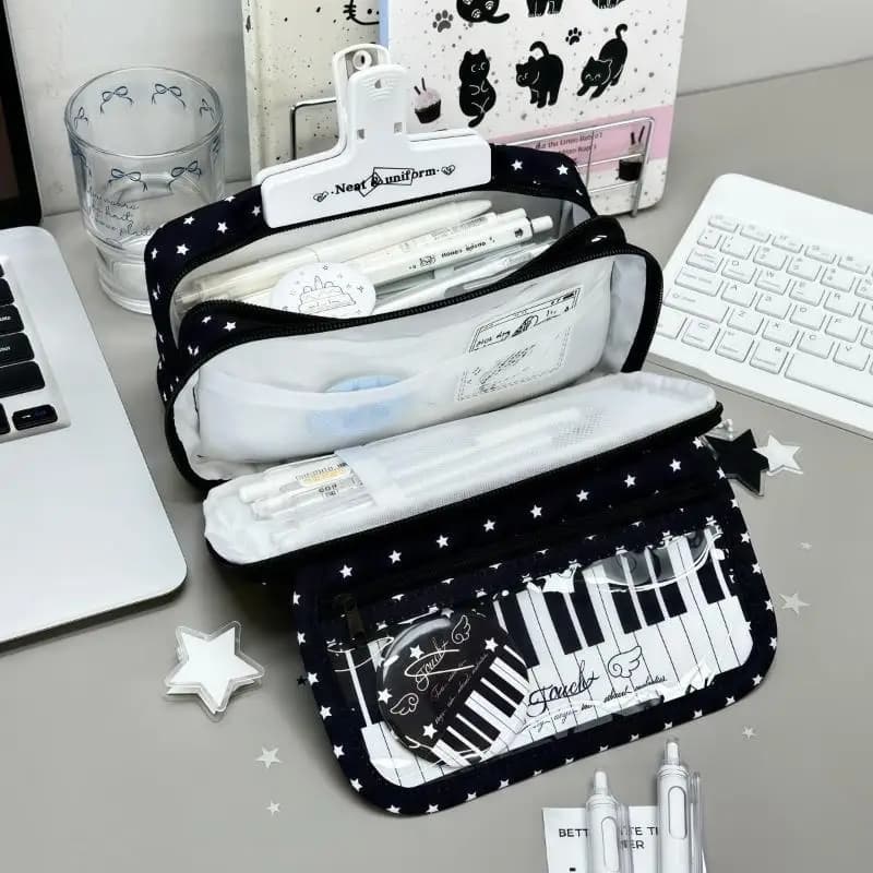 1Pcs Kawaii Star Piano Keyboard Print Pencil Case Large Capacity With Clear Window Pen Bag Multi-Layer Stationery Pouch Students
