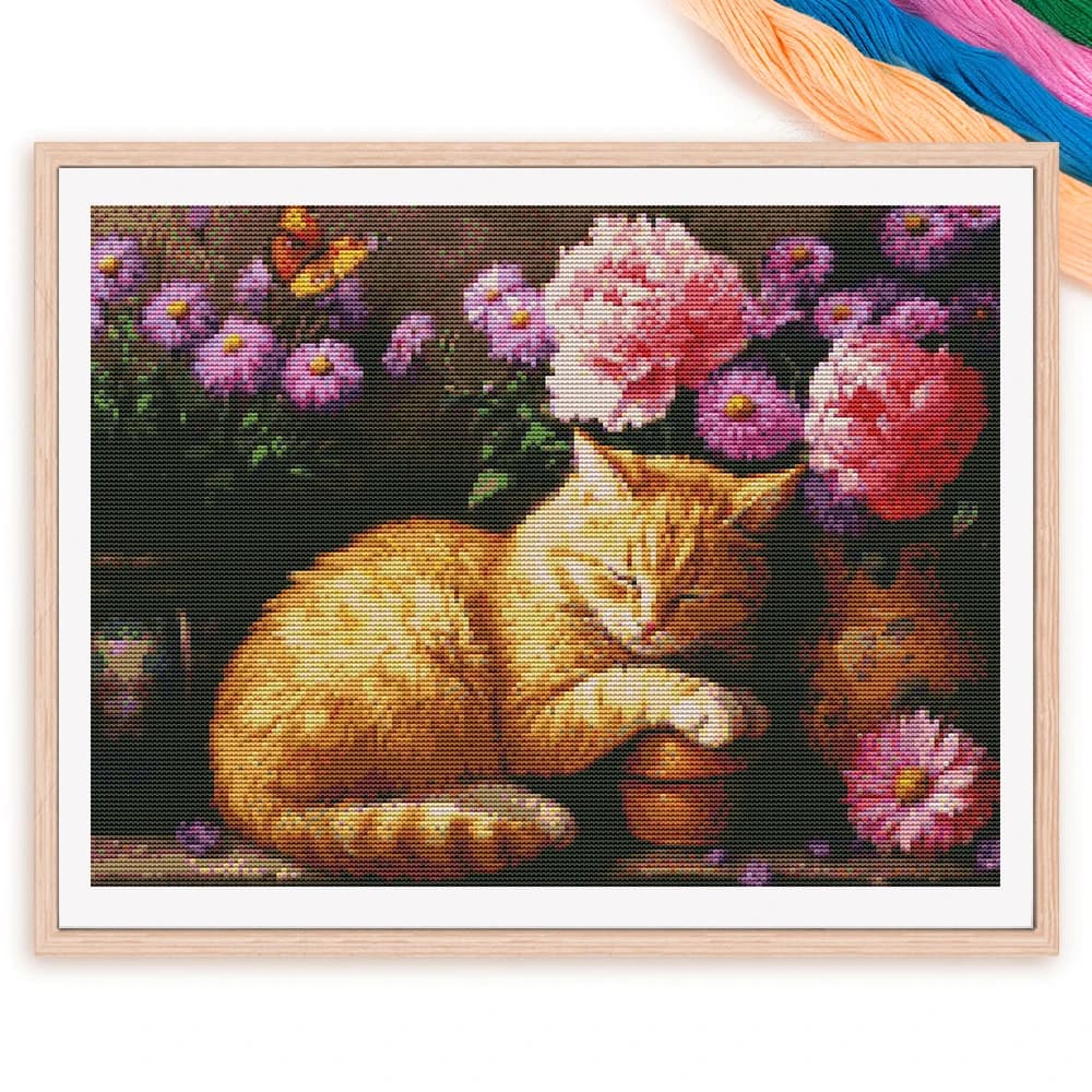 Kit per Punto Croce Pre-Stampato, Motivo Facile su Tessuto Stampato, Ricamo a Tema Gatto Dormiente, Peonia, Animale, Fiore