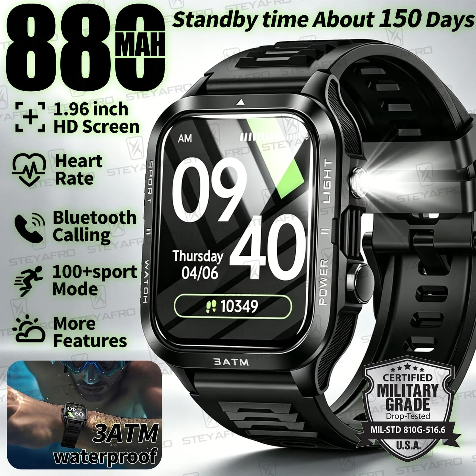 Military Grade SmartWatch Men LED flashlight Waterproof Sport Fitness Tracker Health Monitor BT Call Smart Watch For Android iOS