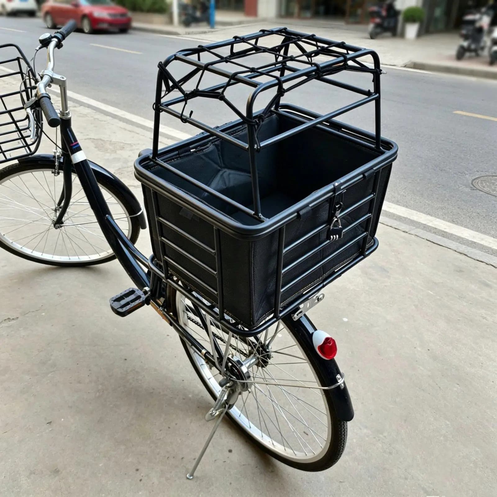 Iron Bike Rear Basket Secure Clip Lid Pet Carrier Cargo Rack Organizer for Biking Daily Shopping and Outdoor Use