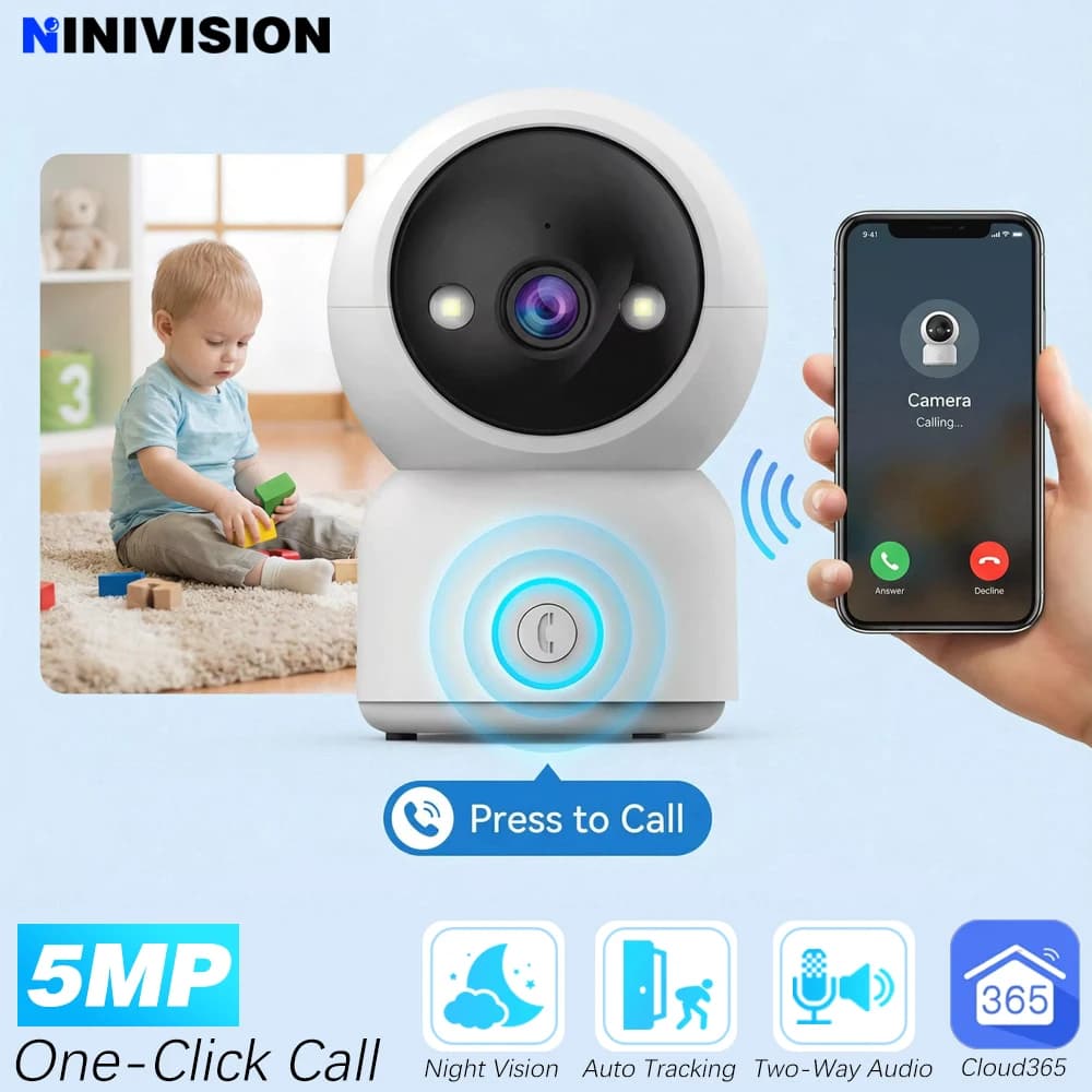 Telecamera PTZ 5MP con Pulsante di Chiamata Rapida, Tracciamento Automatico, Visione Notturna a Colori, Monitoraggio Domestico e per Anziani, Cloud365