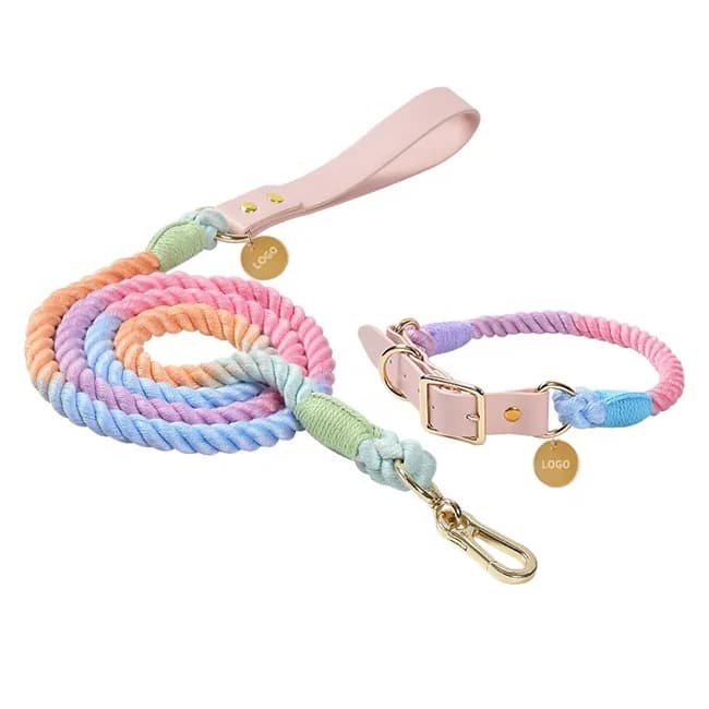 Guinzaglio per cani in pelle intrecciata OEM con etichetta personalizzata Set di collare e guinzaglio per cani in pelle di lusso regolabili con corda di cotone Ombre