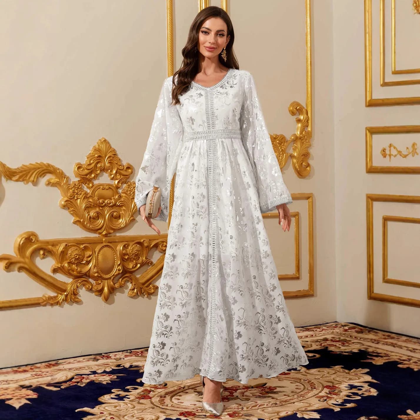 Dress Women Eid Muslim Abaya Party Dresses Kaftan Sashes Silver Foil Print Abayas Morocco Dubai Jalabiya Vestidos Arab Long Robe