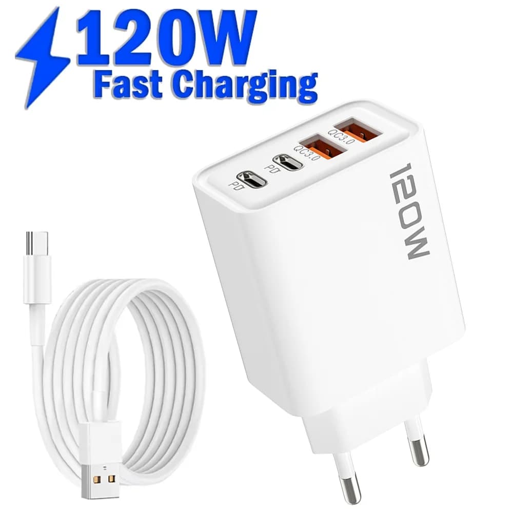 Caricatore USB totale da 120 W a 4 porte Cavo USB tipo C Adattatore di alimentazione a ricarica rapida per dispositivo di ricarica USB universale Caricatore da muro QC 3.0