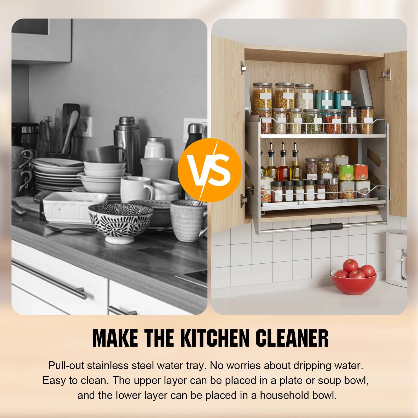 2-level cabinet with pull-out basket for cutlery, 304 stainless steel, 22-34 inch width for high kitchens