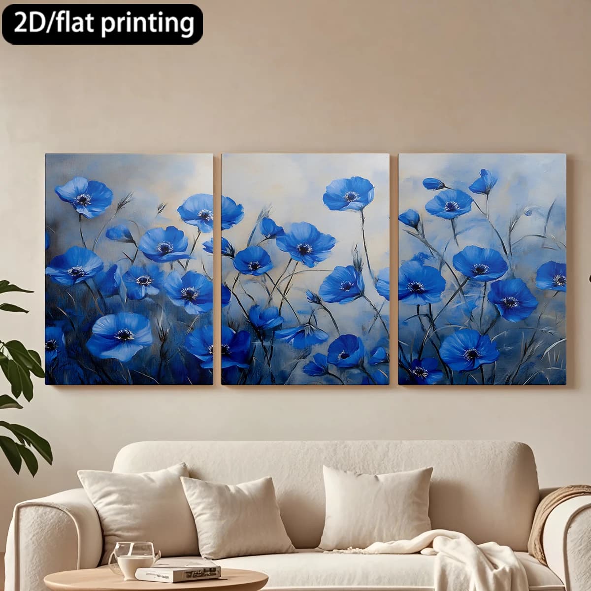 Dipinto decorativo su tela con cornice in legno, 3 pezzi. Fiore di anemone blu, arte vivace e incantevole. Decorazione per corridoio e camera da letto.