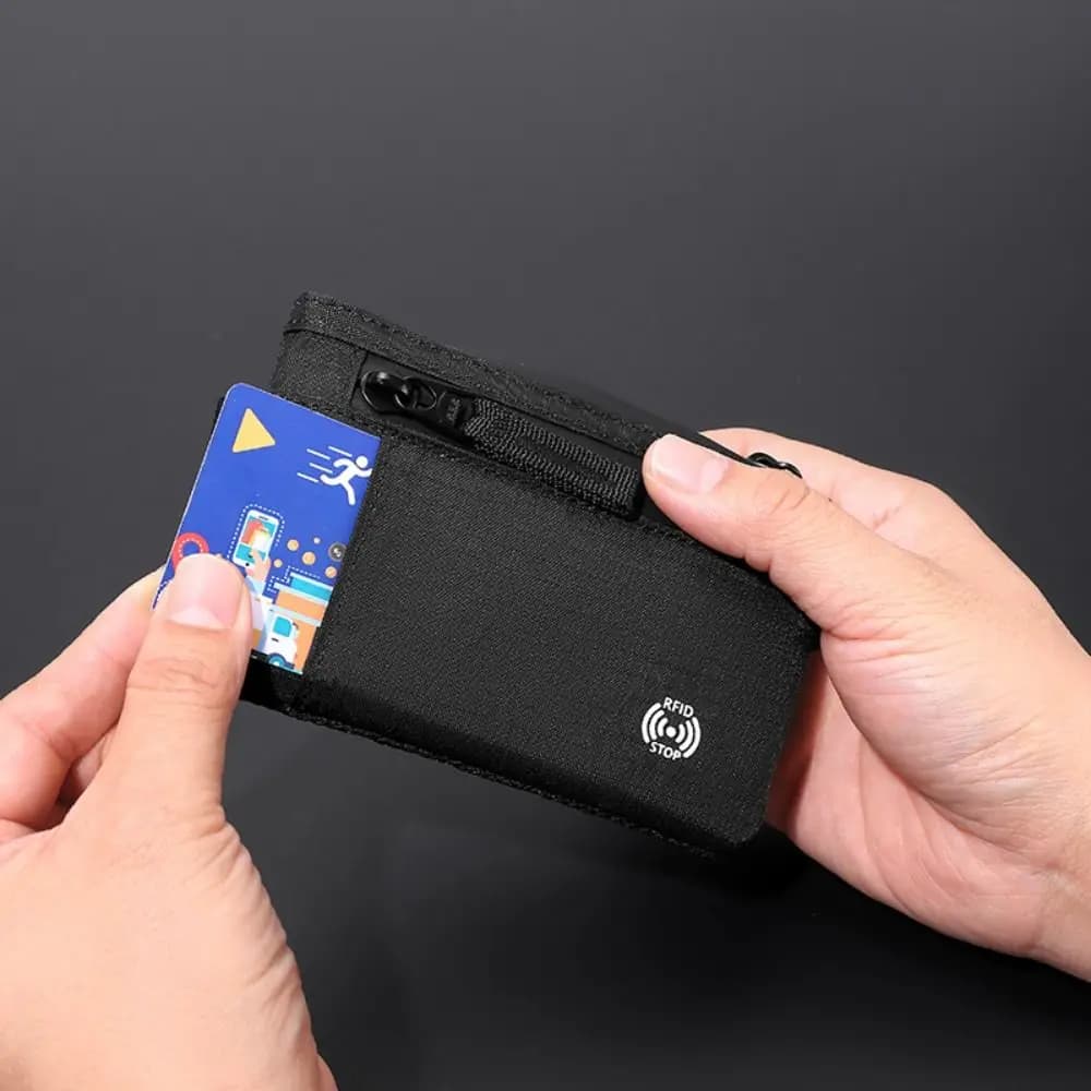 Portable Multifunction Men's Wallet Anti-Theft Carabiner RFID Credit Card Holder Zipper Keychain Nylon Coin Purse Male