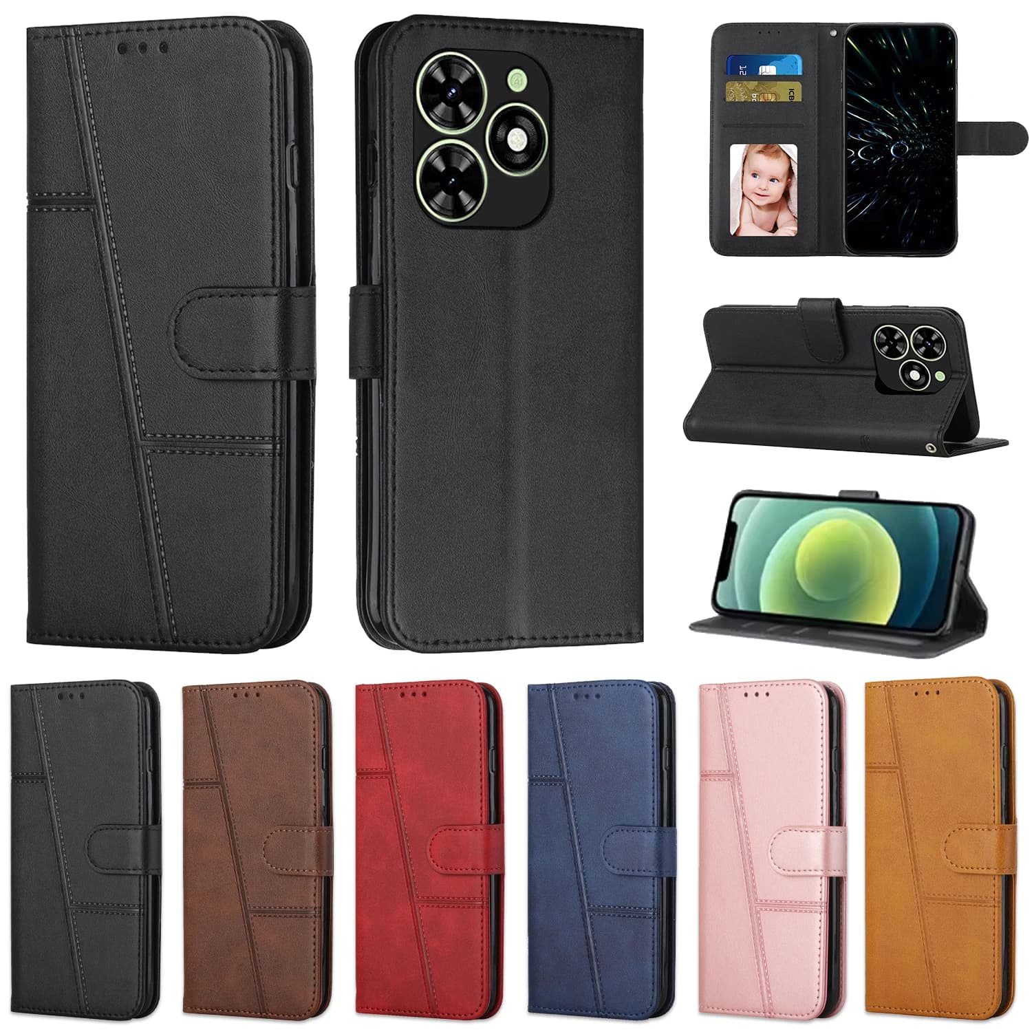Leather wallet case by phone Book for Infinix Hot 50i 40i 30i Note 50 40 30 Pro 5G Smart 9 8, Tecno Spark 30C 20C 10C 10 Go Cover