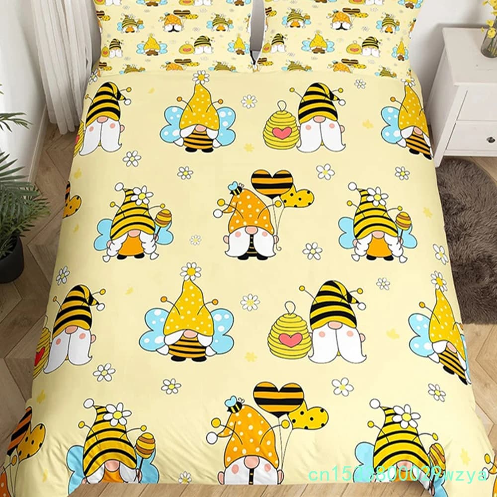 Kids Cartoon Bee Gnomes Duvet Cover King Size White Daisy Floral Bedding Set Cute Honey Bee Comforter Cover For Boys Girls Room