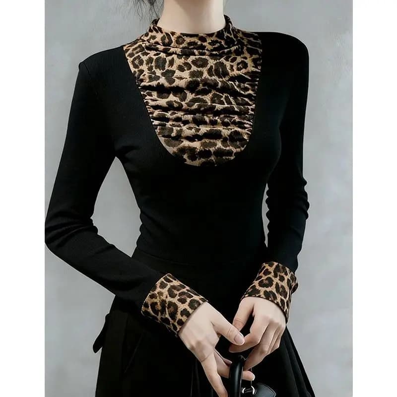 Elegant Women Leopard Print Blouse With High Neck And Cuff Details Slim Fit Long Sleeve Top For Office Wear