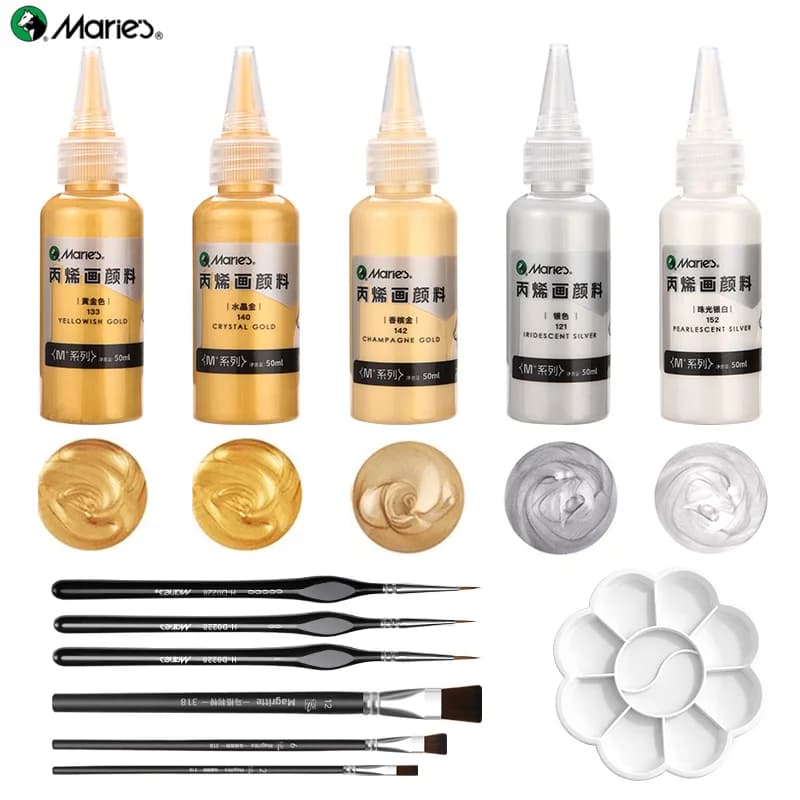 Marie's 12pcs Popular Metallic Acrylic Paint Set,5 Colors 50ml/1.7fl. oz Shimmer Pigments with 7pcs Brushes,Palette for DIY,Rock