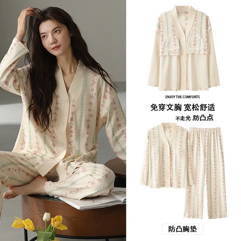 2Pcs/Set Cotton Women's Pajamas Set with Bra Pads 2024 Cardigan Kimono Nightwear for Autumn Young Girl Pjs Pyjamas pijama mujer