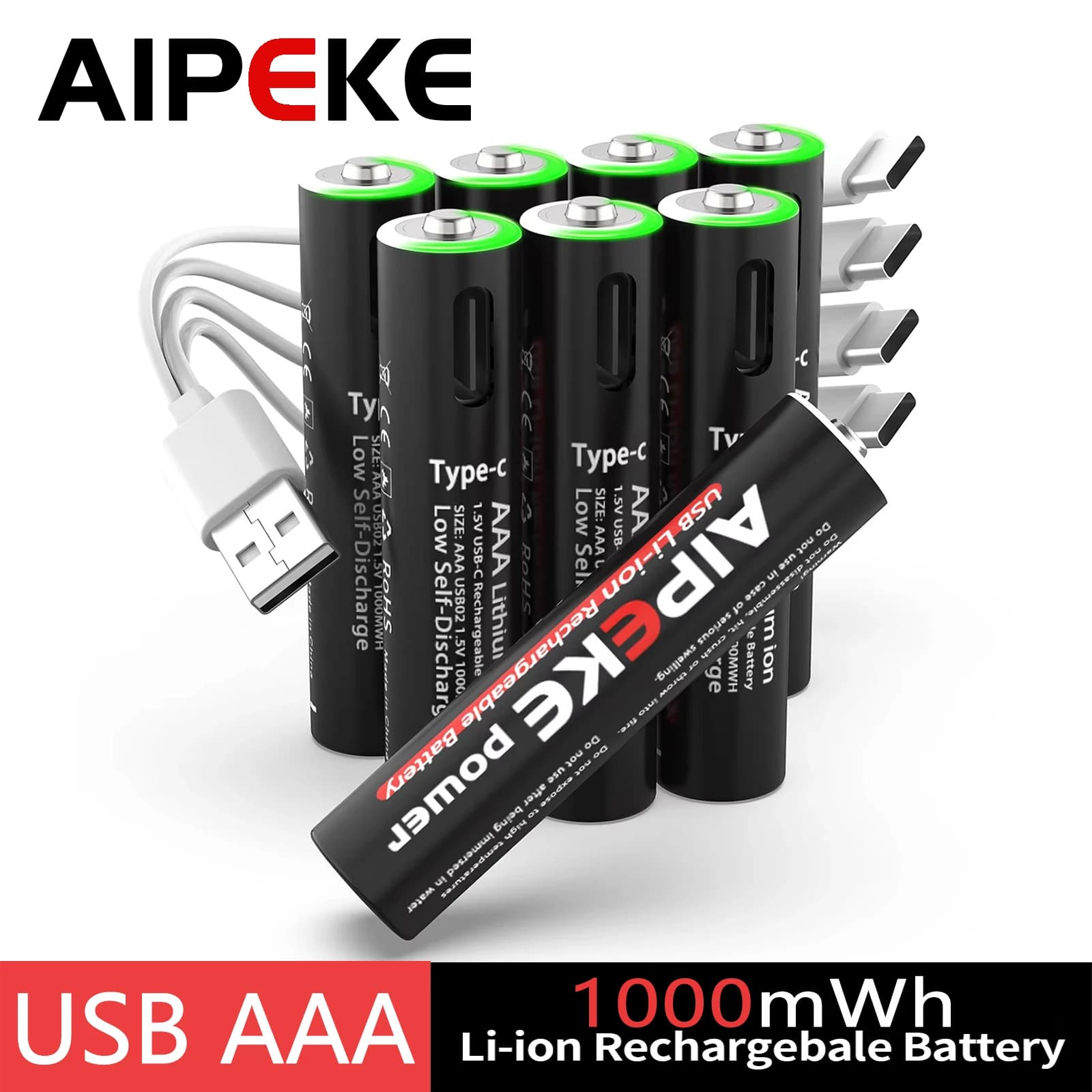 AIPEKE Batteria al litio AAA da 1,5 V USB 1000 mWh Batterie ricaricabili Aaa con cavo USB 4 in 1 per macchina da gioco con rilevatore di fumo