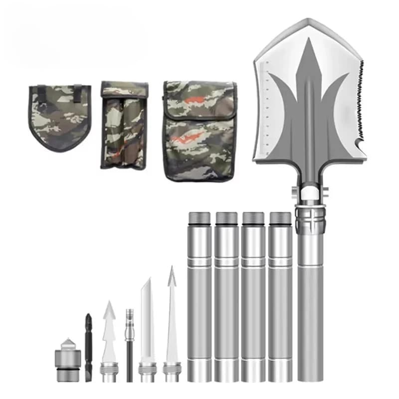 Survival Tactical Trekking Pole Steel Handle Folding Multifunctional Soil Camping Shovel Self Defense Camping Tools