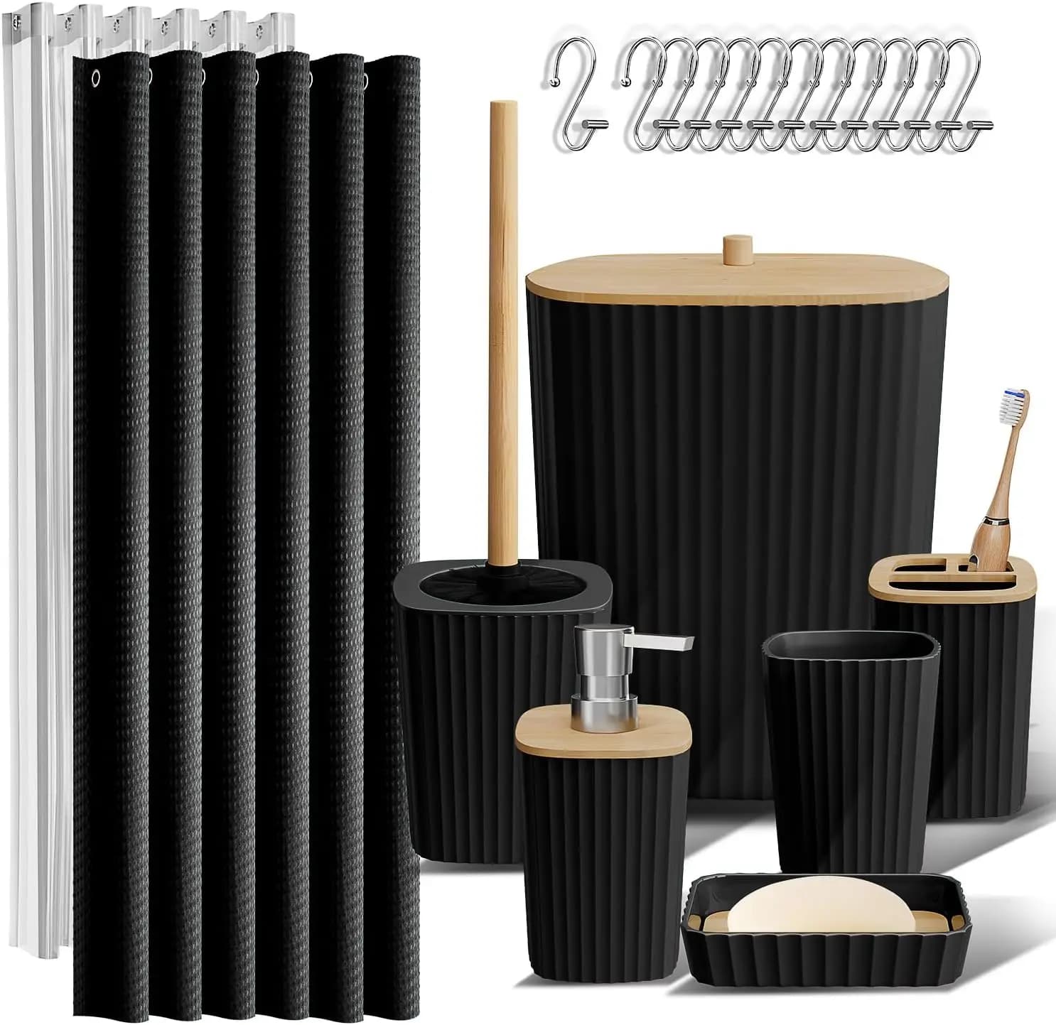 Set Completo per Bagno con Tenda Doccia, Scopino per WC, Cestino e Dispenser Sapone - Nero - 20 Pezzi per Arredamento Moderno