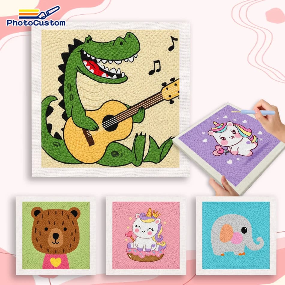 PhotoCustom Baby Elephant Diy Needle Punch Kit Original Gifts Embroidery Starter Kit Animal Complete Punch Needle Kit Home Wall