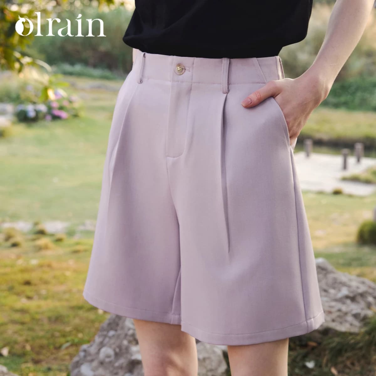OLrain Pantaloncini Bermuda da Donna a Vita Alta Viola Chiaro, Gamba Larga Plissettata, Slim Casual, per il Lavoro, Estate 2026 O58XK003599