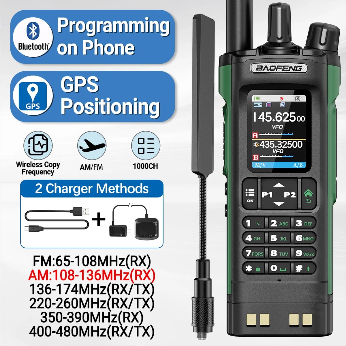 BAOFENG UV-32 GPS Walkie Talkie 10W Multi Band Bluetooth Programmazione Frequenza di copia wireless NOAA Ham a lungo raggio Radio bidirezionale