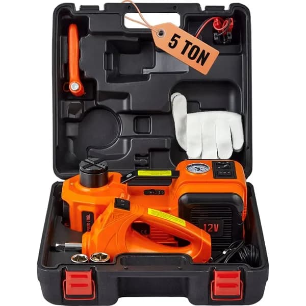 Cric per auto elettrica idraulico da 5 tonnellate con chiave elettrica, ascensore portatile + gonfiatore e luce a LED per cambio pneumatici per camion SUV