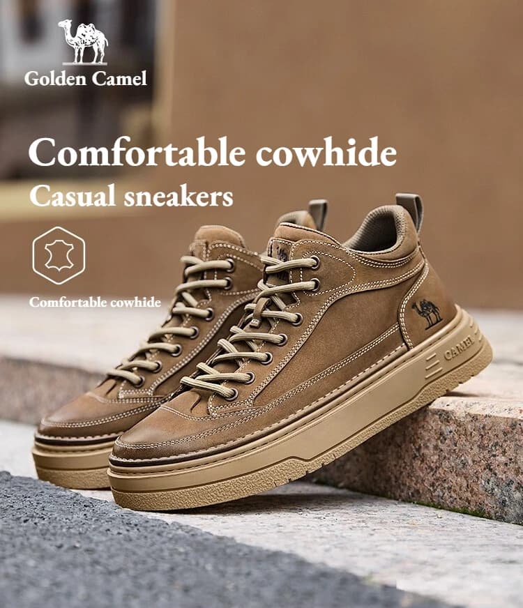 Golden Camel Men's Genuine Leather Shoes 2026 Autumn Hiking Thick Soled Waterproof Board Shoes High Top Comfortable Man Boots