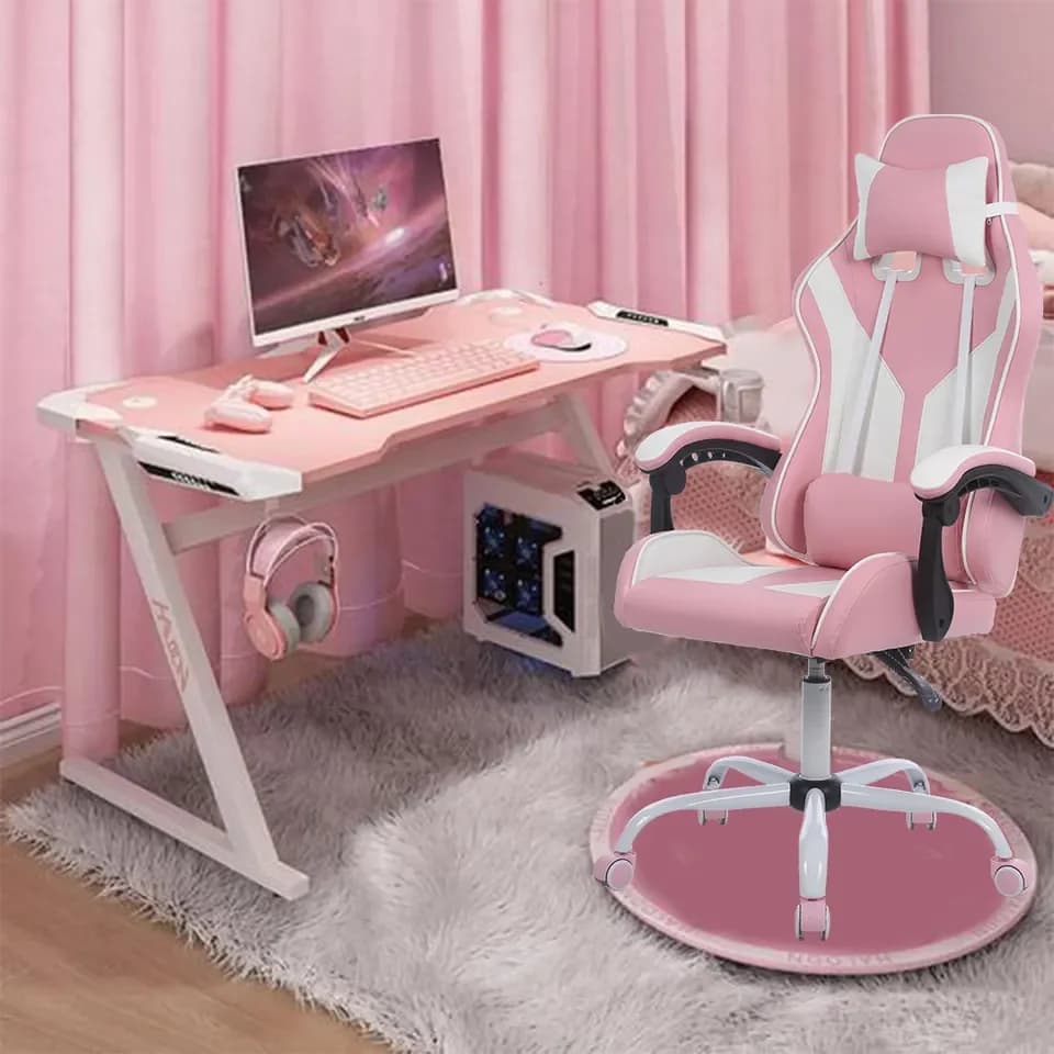 Sedia da Gaming Girevole Rosa Reclinabile con Funzioni di Rotazione, Materiale in Pelle Sintetica, Poggiatesta e Cuscino, per Uso in Camera da Letto Femminile