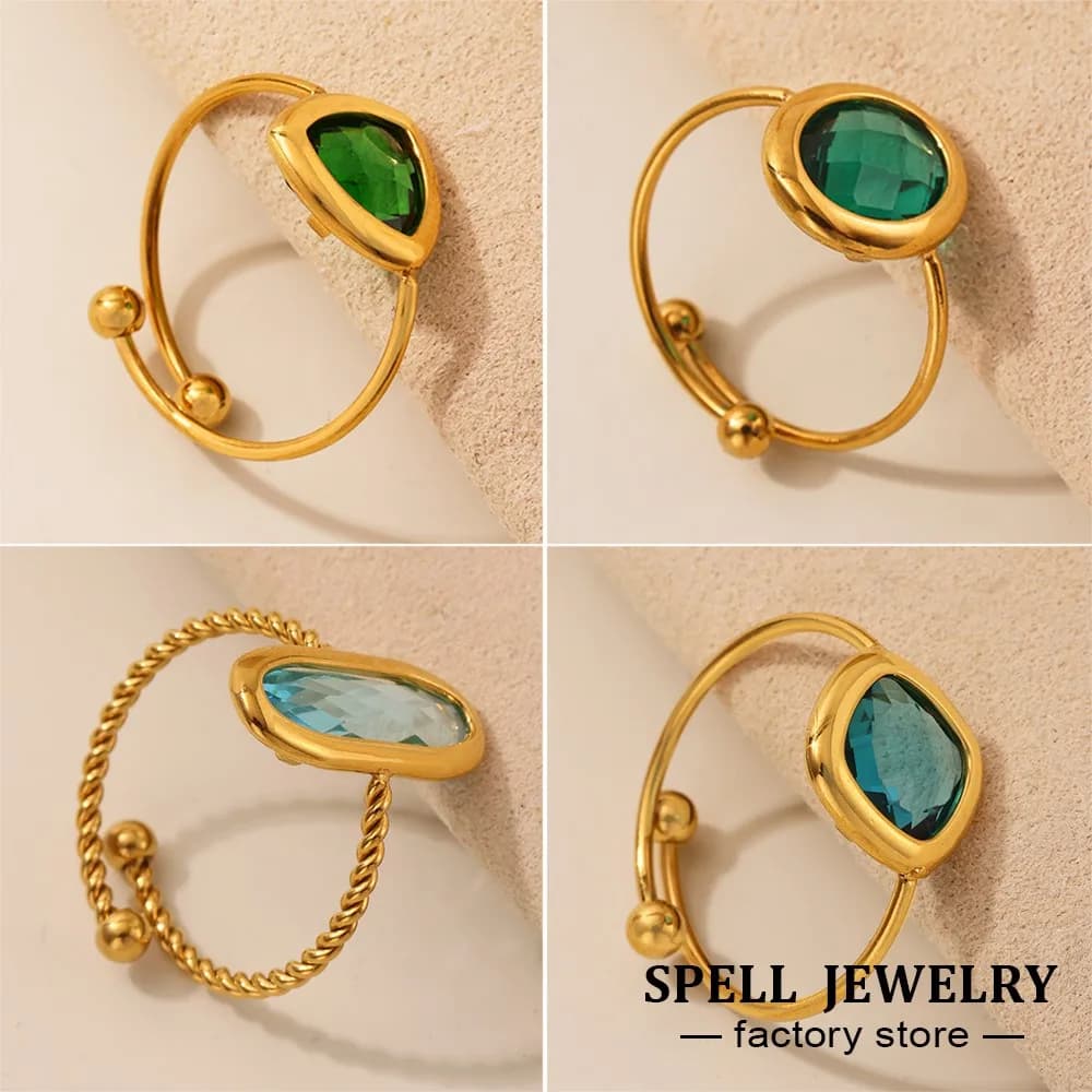 Elegant Luxury Simple Rings In Stainless Steel With Multi Shape And Color Shiny Faceted Czech Glass Adjustable Ring For Women