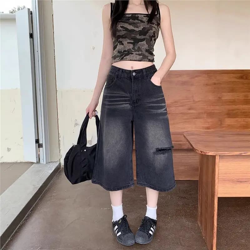 Hole Jeans Women Calf Length Pants Wide Leg Shorts Vintage Ripped Distressed Female Washed Streetwear Y2k Denims Summer 2026