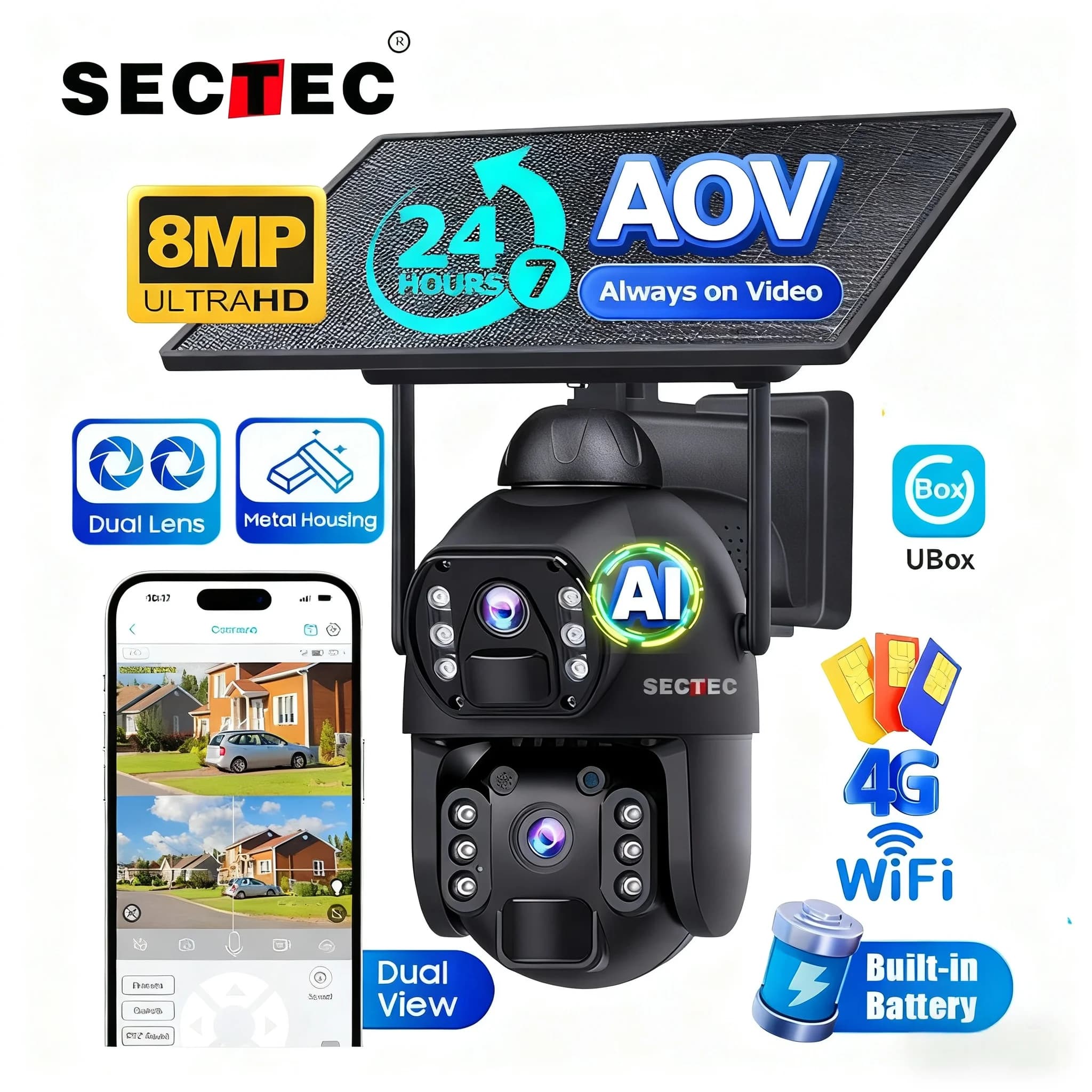 Telecamera solare 4G AOV con registrazione 24/7, 8MP, wireless, WiFi, monitoraggio automatico, custodia in metallo, pannello solare da 10W + batteria da 20100mAh, IP66