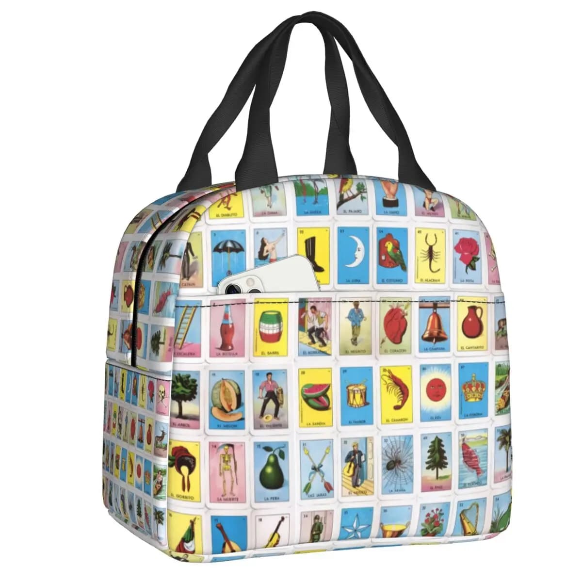 Borsa tote per il pranzo isolata con carta Loteria messicana Bingo per le donne, borsa termica portatile per il pranzo, per la scuola dei bambini