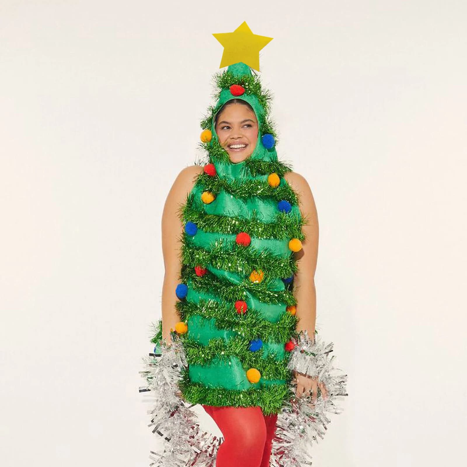 2025 Christmas Essential Christmas Tree Costume Sleeveless Hood Tops Red Plush Ball Tinsel Adult Cosplay Party Prop