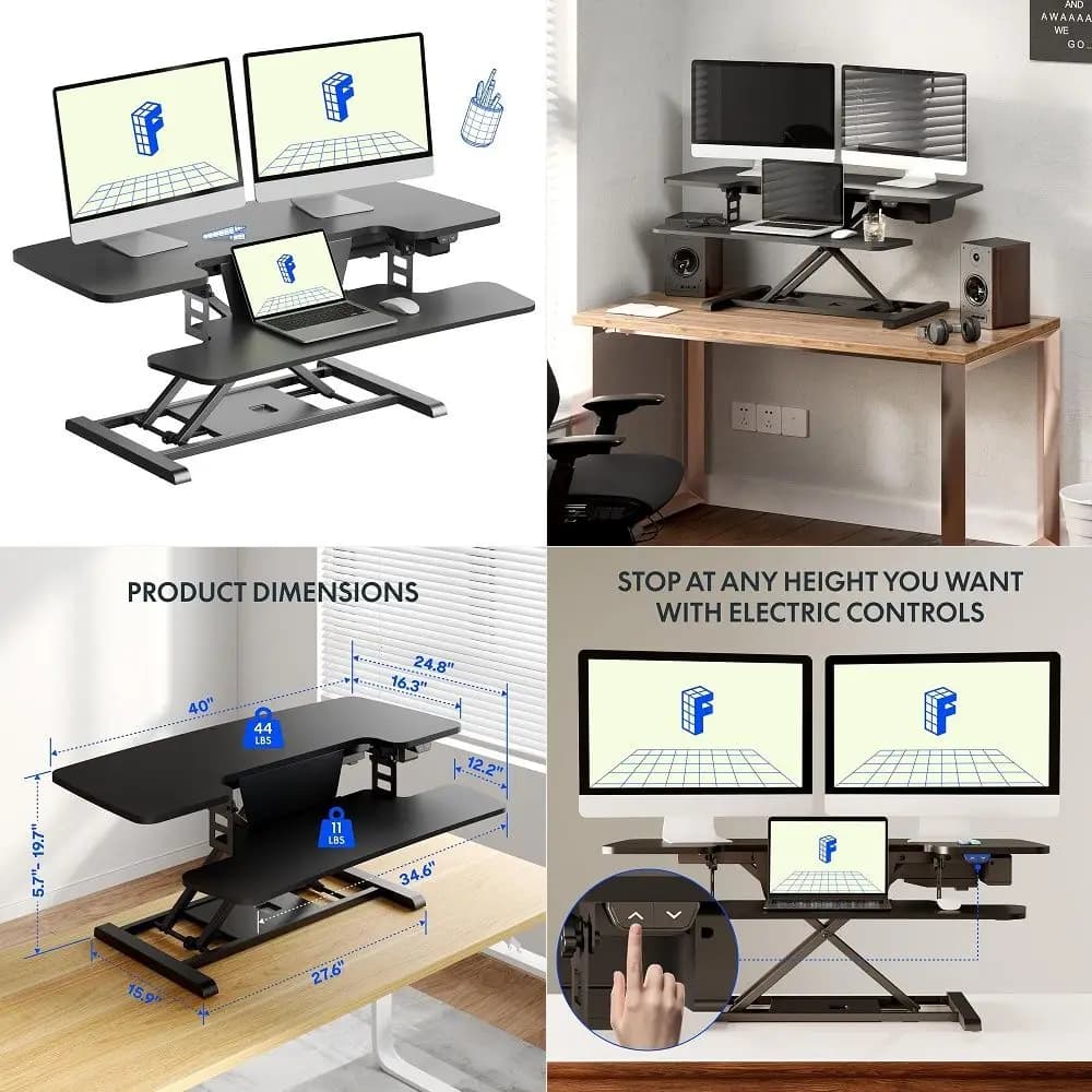 40 Electric Standing Desk Converter, Height Adjustable Riser, Sit to Stand Monitor and Laptop Workstation with Wide Keyboard Tr