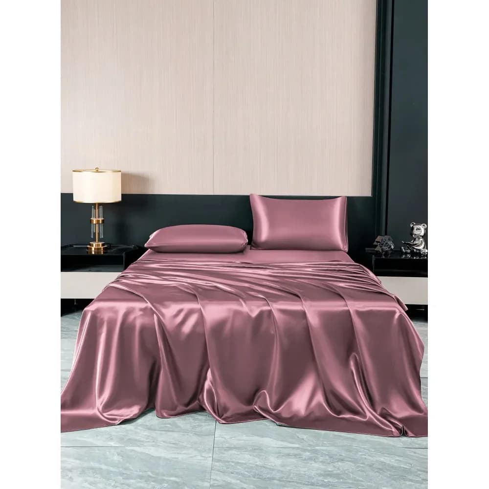Set di biancheria da letto in morbido raso, include 1 gonna per letto, 1 lenzuolo piatto e 2 federe. Inserto per cuscino non incluso. Copripiede letto in raso di lusso