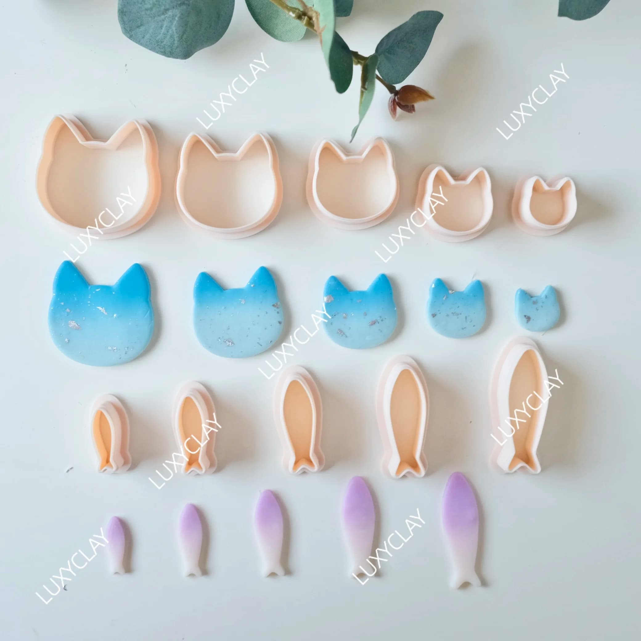 Five Different Sizes Hollow Fish & Cat Head Polymer Clay Cutters Set for Earrings & Jewelry Making, Cute Animal Shape Clay Molds