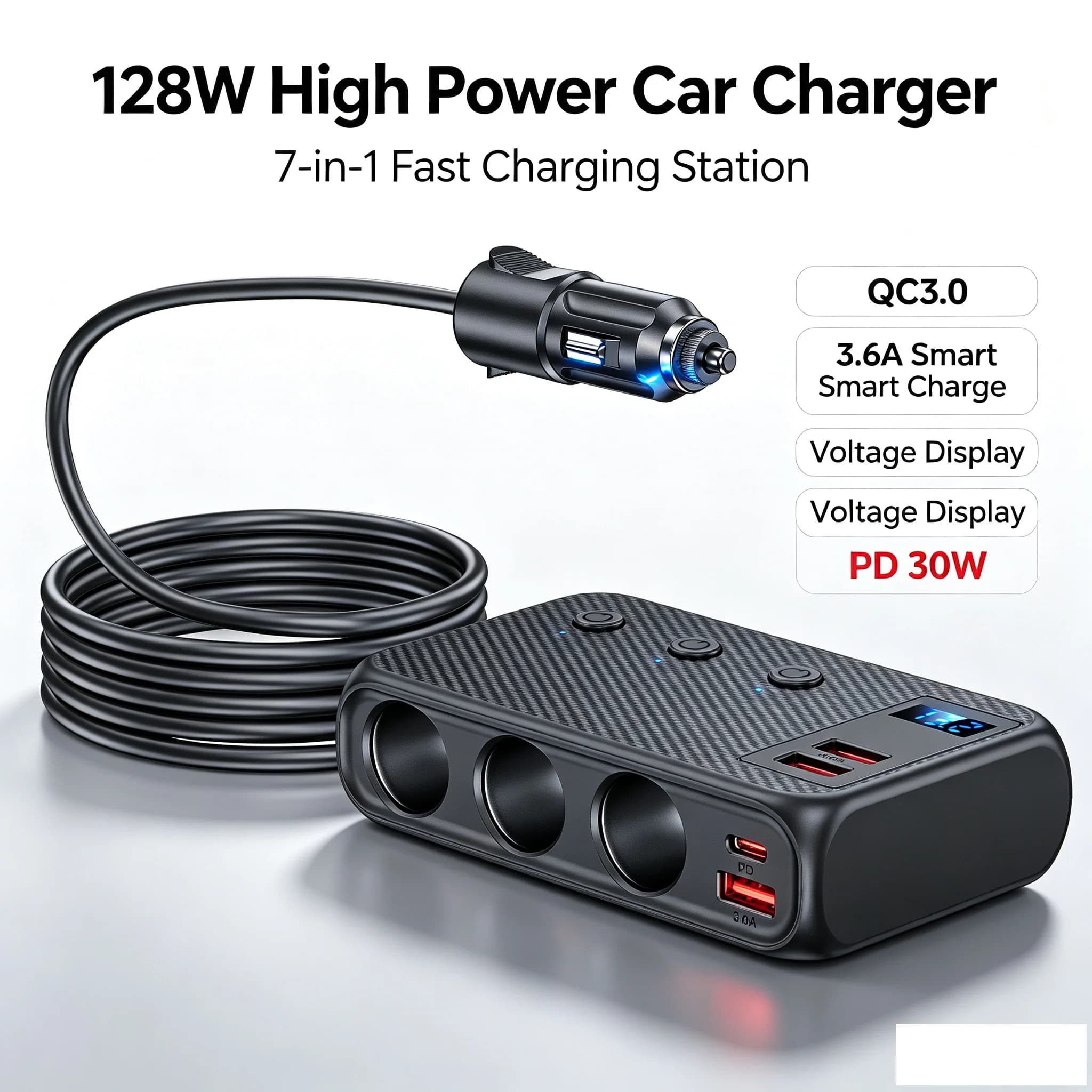 Super 7-in-1 128W High-Power Fast Charger USB PD Car Charger Portable 3 Socket Replacement Splitter Car Cigarette Lighter Splitt