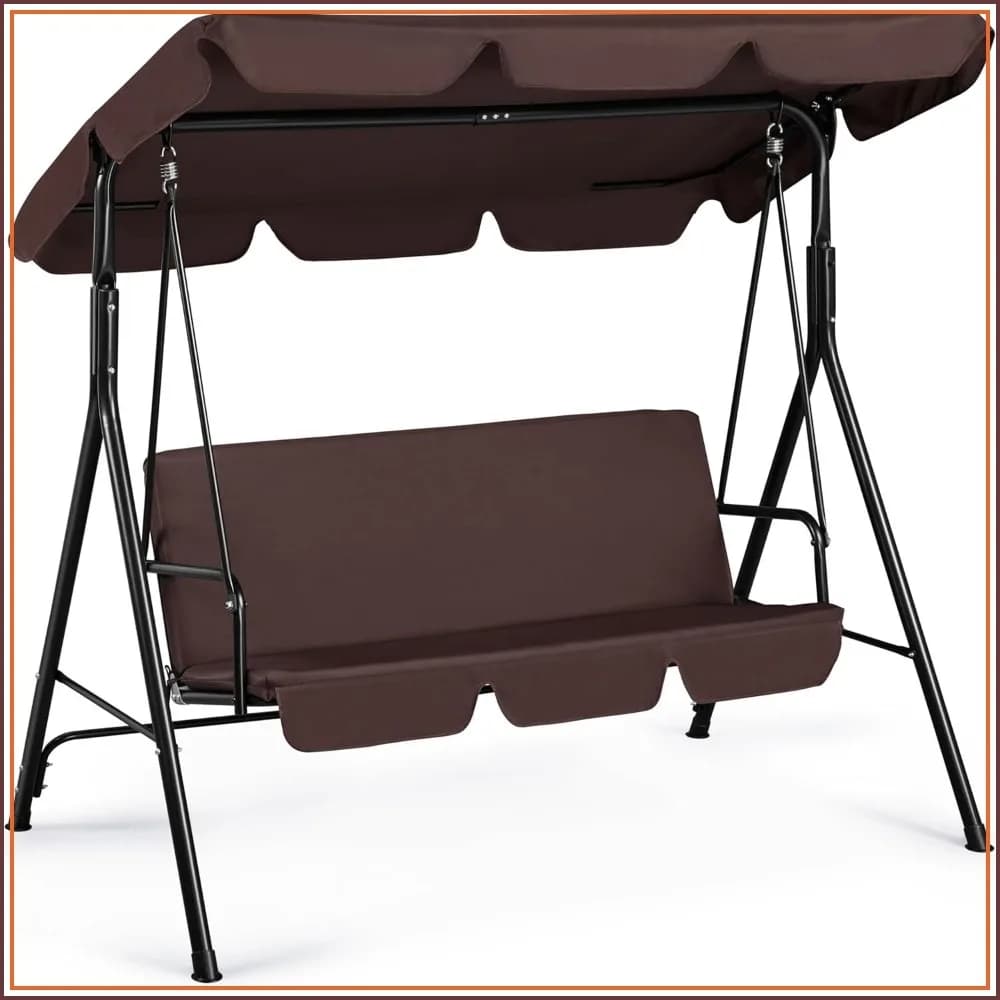 3-Seat Patio Swing Chair with Canopy & Cushion, Outdoor Hanging Glider for Garden, Porch, Dark Brown