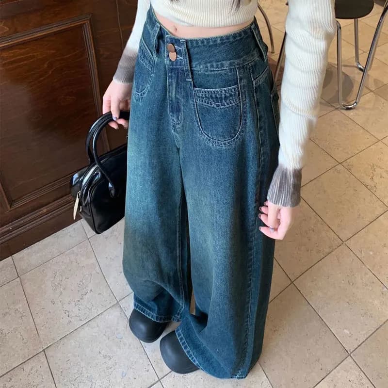 Women Vintage Dark Blue High Waist Wide Leg Jeans Double Button Unique Heart Pockets Autumn Loose Baggy Denim Straight Trousers