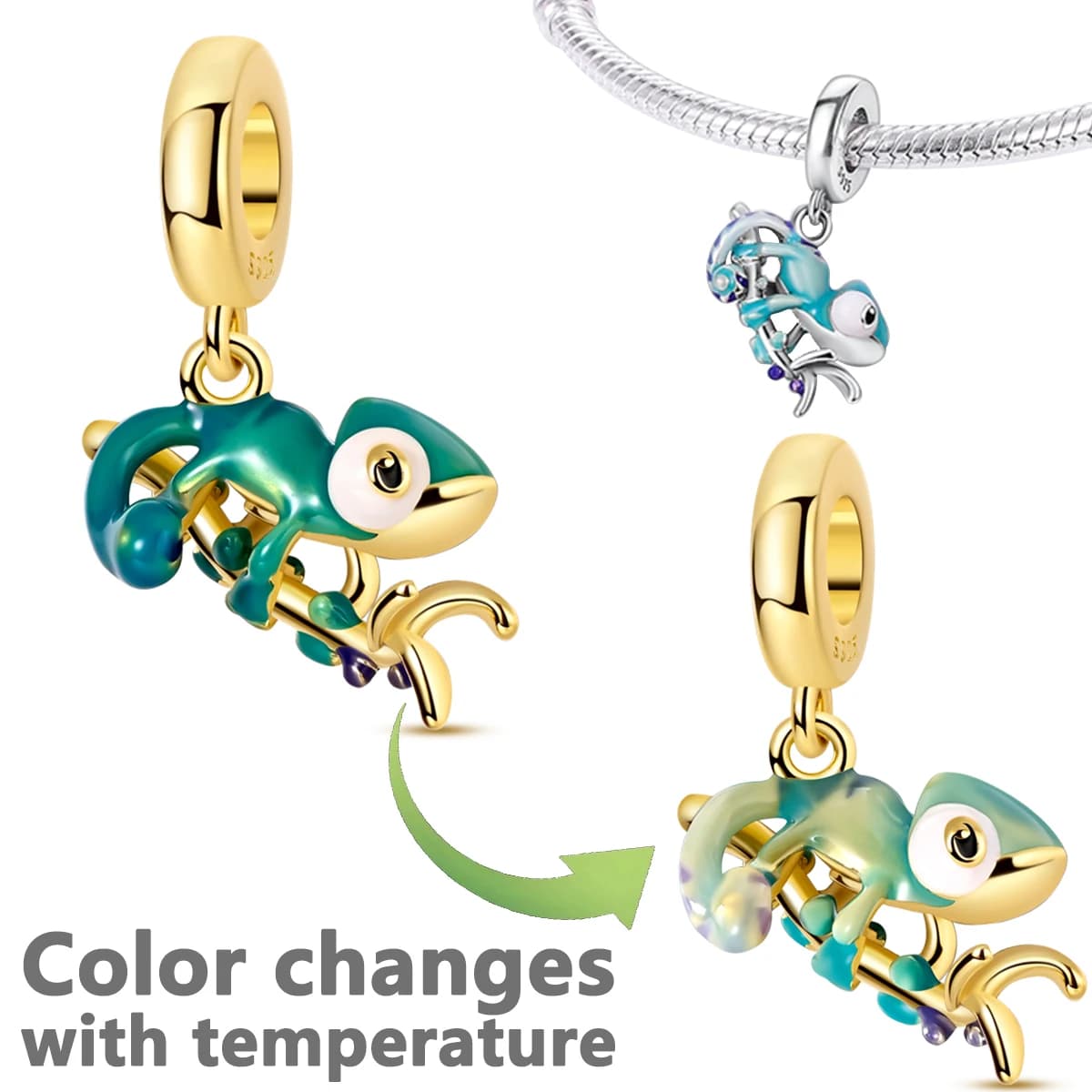 Ciondoli camaleonte che cambiano colore Pendenti in argento sterling 925 Sensibili alla temperatura Simpatiche perline di metallo Bracciale a catena Regalo di gioielli