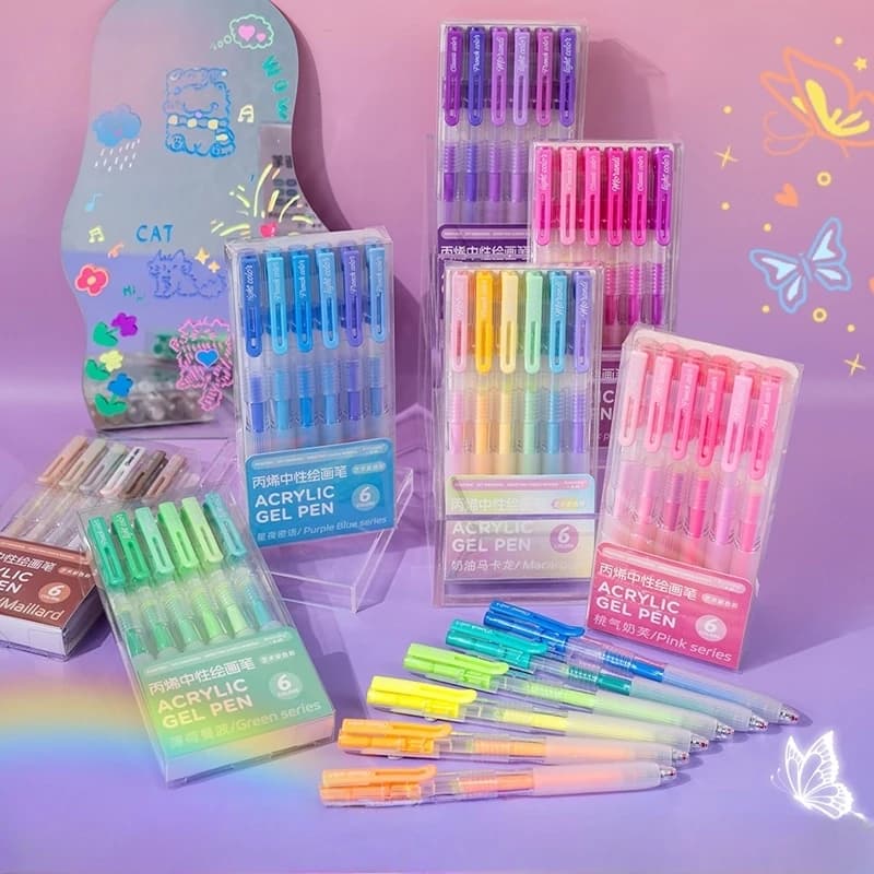 Set di 6 Penne Gel Acriliche Retrattili per Disegno, Pennarelli Acrilici Colorati per Journaling e Artigianato A3060
