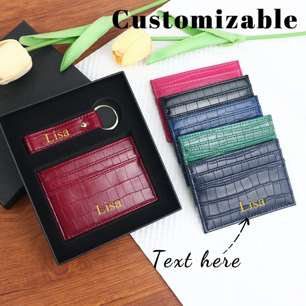 Nome personalizzato 1 set, portafoglio corto alla moda in pelle PU con motivo coccodrillo, confezione regalo di compleanno di Natale, copri portachiavi per auto