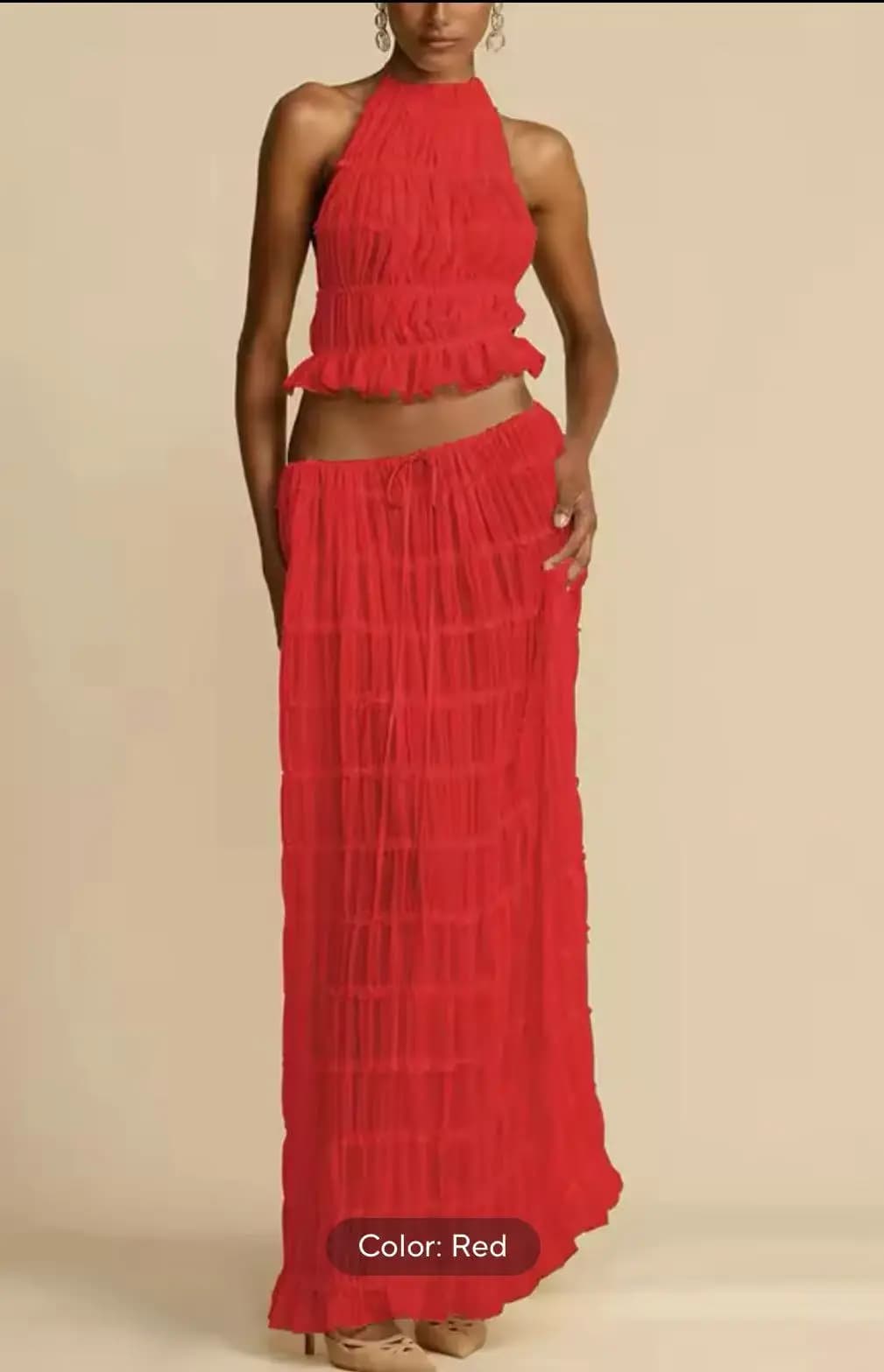 Completo Estivo Sexy Viola da Donna, Due Pezzi, con Top Scollo all'Americana e Gonna Lunga in Chiffon Plissettata con Coulisse