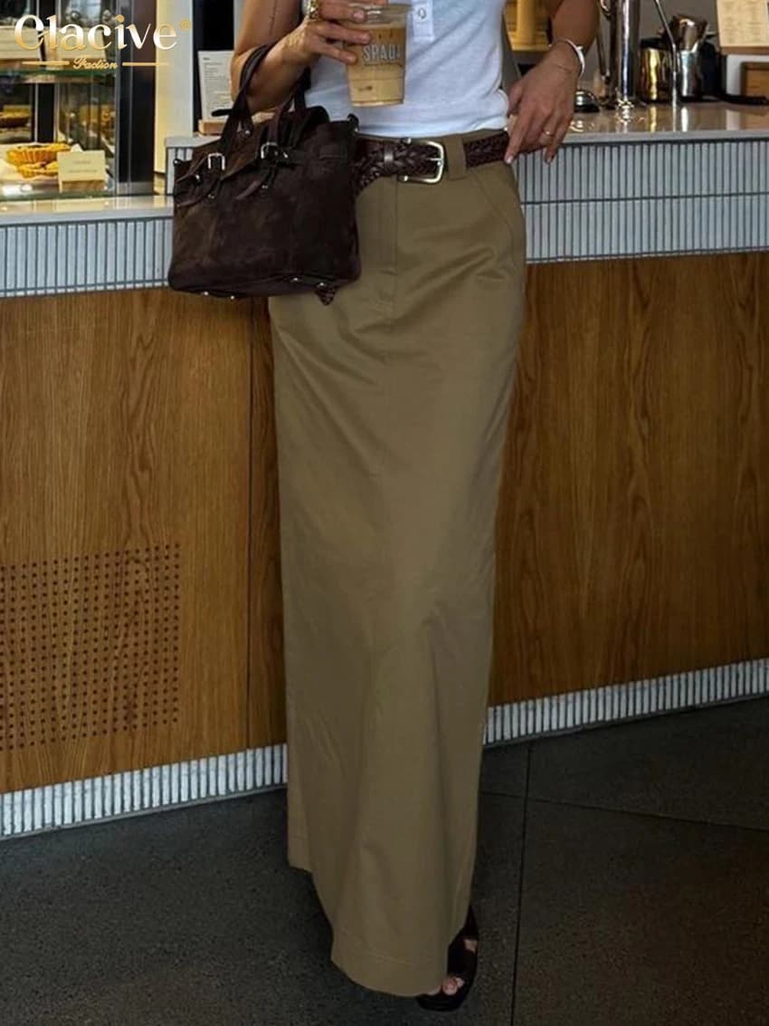 Clacive Fashion gonna donna allentata in cotone kaki 2024 gonne lunghe Casual a vita alta elegante gonna classica solida abbigliamento femminile