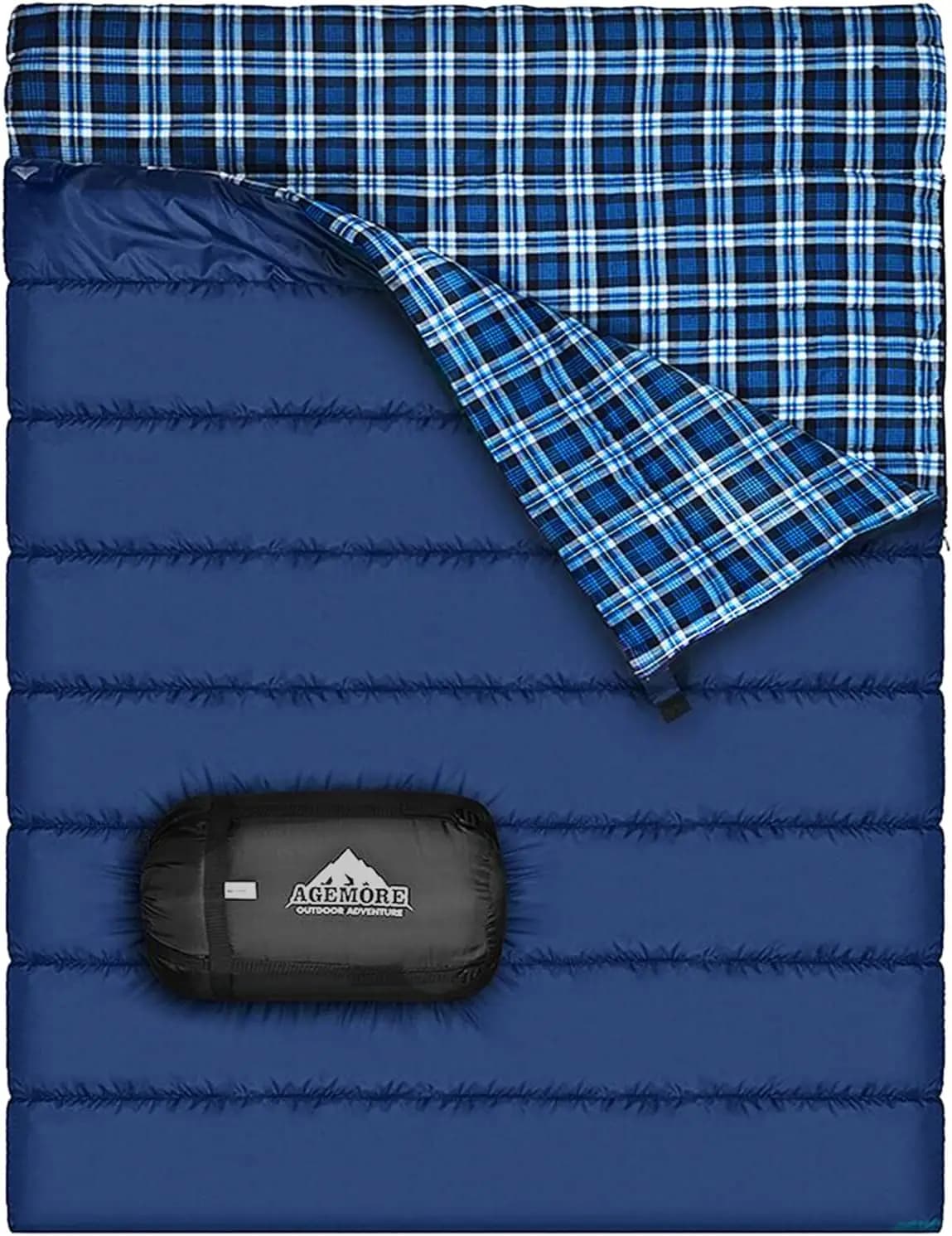 Double Toe Bag in Cotton Flannel for Camping, Waterproof, Queen Size for 2 People, Lightweight with Compression Bag