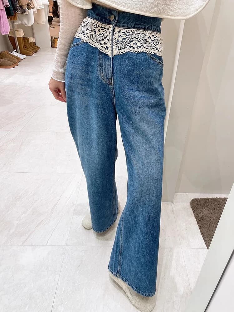 Lace Splicing Female Blue Y2K Harajuku Jeans for Women Pants Wide Leg Pants Solid Straight Summer Straight Baggy Jeans Trousers